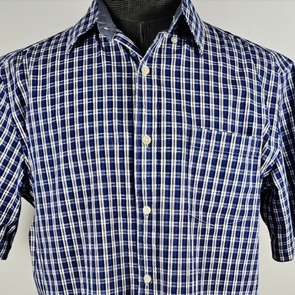Mason James Men's Stretch Blue Plaid Short Sleeve Button Down Casual Size L
